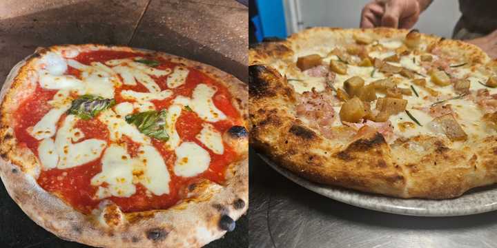 A Margherita pizza (left) and one topped with baked potatoes, imported porchetta and smoked fior di latte.&nbsp;
  
