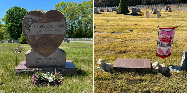 Patricia Kinnane's grave before and after thieves made off with her headstone in the summer of 2024.&nbsp;