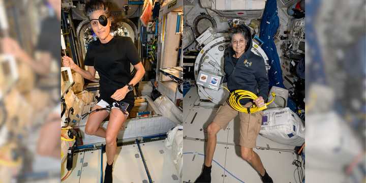 NASA astronaut Suni Williams aboard the International Space Station. Pictured (left) in a pirate's eye patch for Halloween on Oct. 29 and (right) on Nov. 1.
  
