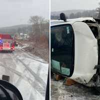 Vehicle Lands On Side On Icy Route 9 In Croton-On-Hudson