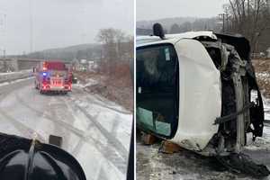 Vehicle Lands On Side On Icy Route 9 In Hudson Valley