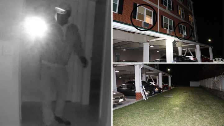 Police released images of the suspect (left) and the evidence of the burglary, including the unlocked rear windows where the suspect entered and the ladder left behind.&nbsp;