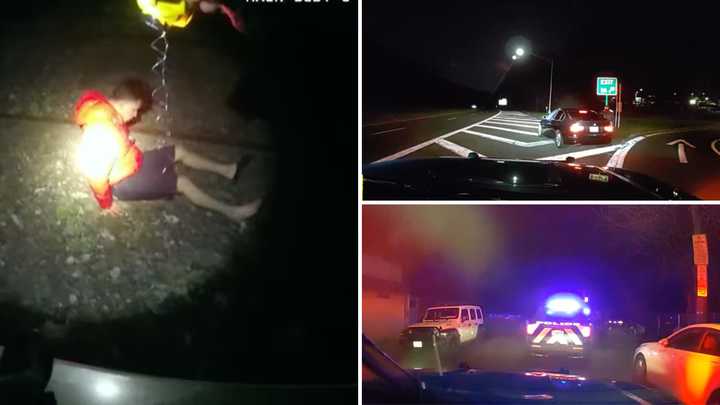 Stills taken from the body camera footage of the chase, which was released by both the Yonkers and Westchester County Police Department. 