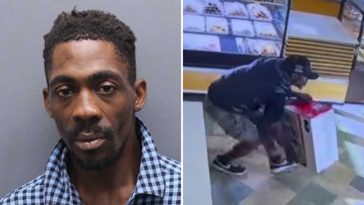 Curtis Moore (mugshot is pictured left) is seen allegedly stealing a new printer from La Pinata Bakery in Yonkers in this surveillance footage released by Yonkers Police. 