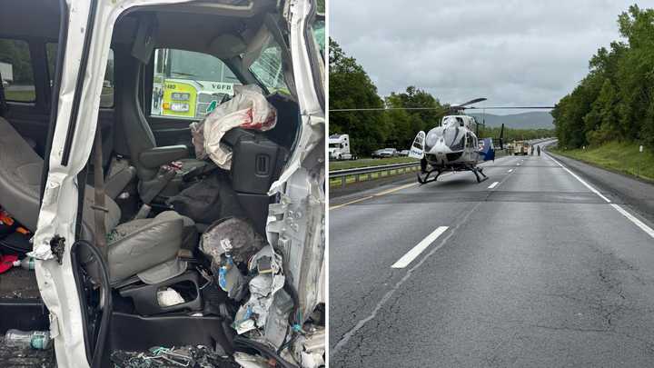 The scene of the crash on I-87 in New Windsor, where a helicopter landed to rush one of the victims to a hospital.&nbsp;