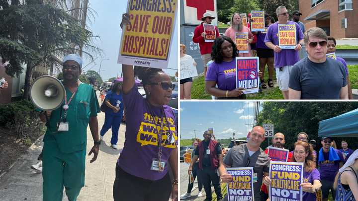 Health care workers at One Brooklyn Health-Brookdale University Hospital Medical Center (left), Columbia Memorial Hospital in Hudson (top right), and Garnet Health Medical Center in Middletown protest proposed Medicaid cuts on Monday, June 23. 