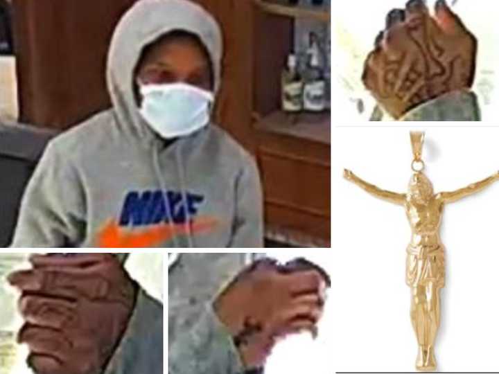 The Town of Newburgh Police Department released photos of the suspect, the charm he allegedly stole, and the tattoos on his hand. 