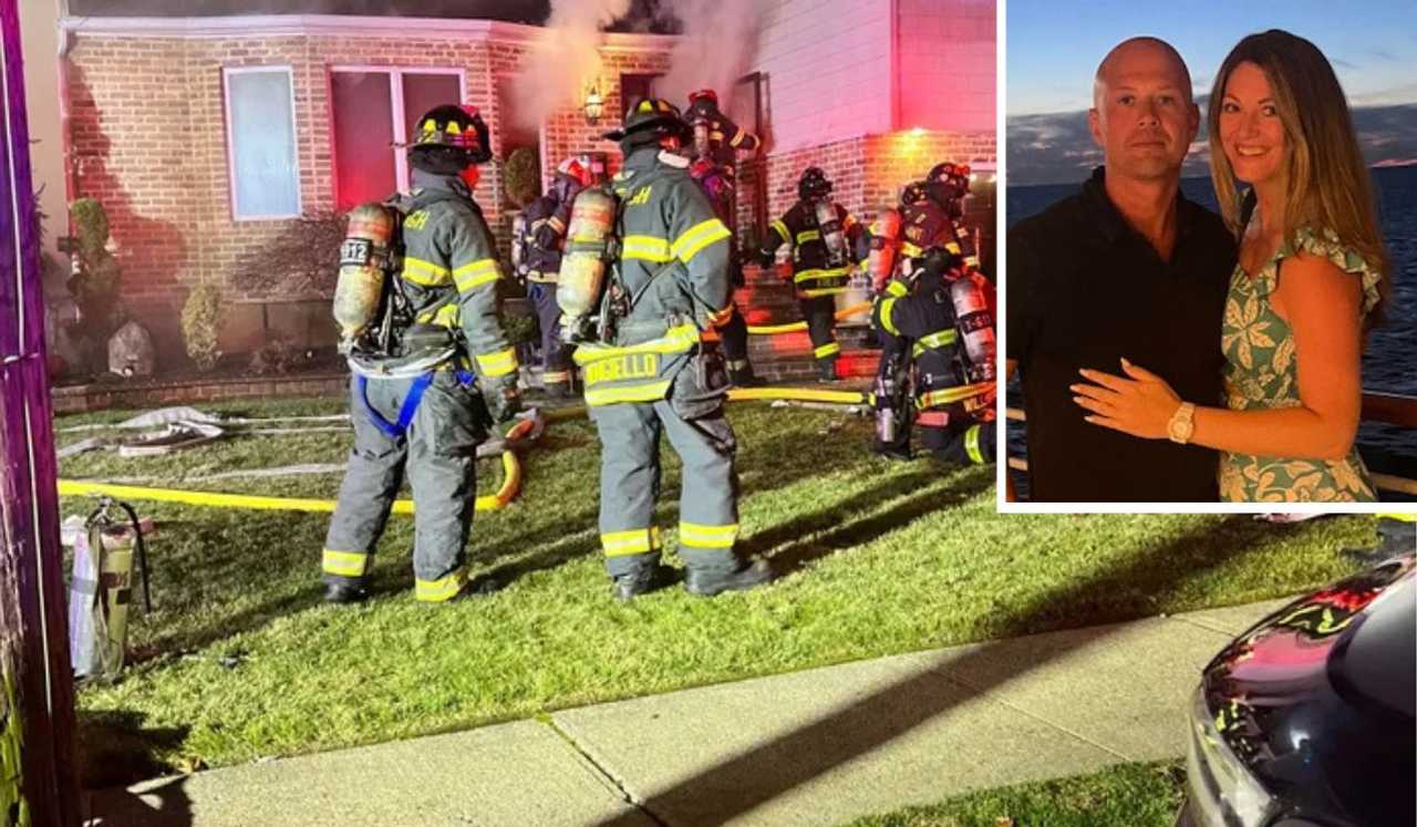 Jeanne Marie and Ryan Matland's (inset) North Bellmore home was destroyed in a fire Monday, Dec. 1.