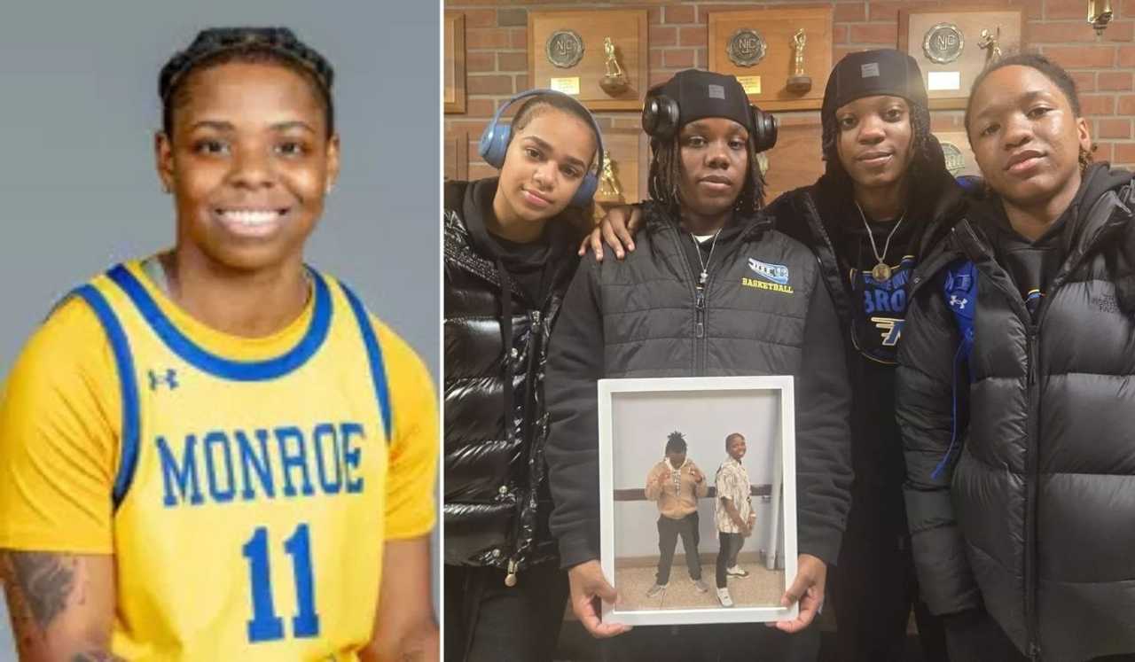 Left: Amira McCleod. Right: McCleod's teammates display a photo of her. Left: Amira McCleod. Right: McCleod's teammates display a photo of her.
