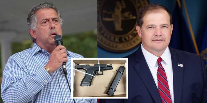 Suffolk County District Court Judge John Zollo (left) and District Attorney Raymond Tierney. Inset: The recovered firearms.