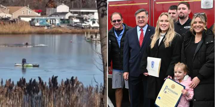 Kayla Masotto was honored for rescuing a jet skier from a frozen Poospatuck Creek in Mastic (left) during a ceremony held Monday, Dec. 30.
  
