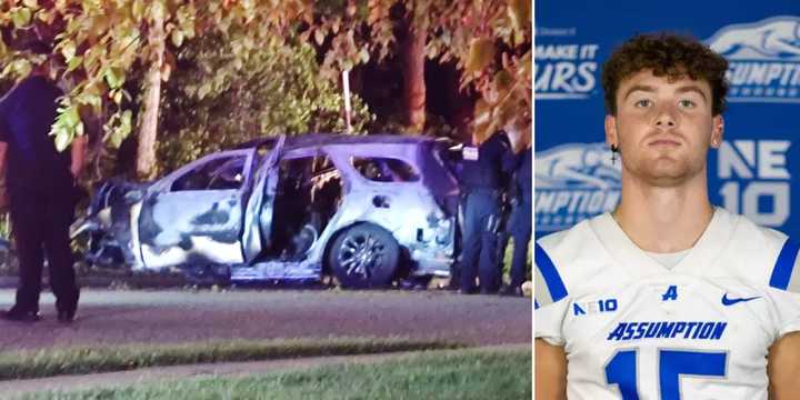 Vincent Cavaliere (inset) was among three people killed in a single-vehicle crash&nbsp;on Stymus Avenue in Bethpage early Sunday, May 11.&nbsp;