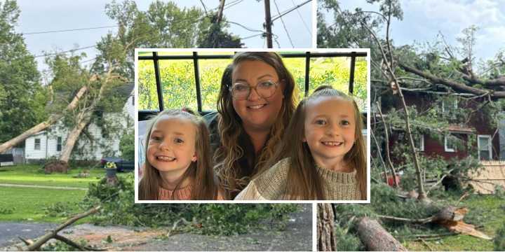 Kayleigh Bisson, pictured with her twin daughters, Emily and Kenni. Background: Damage from an EF-1 tornado in Clinton, New York.
