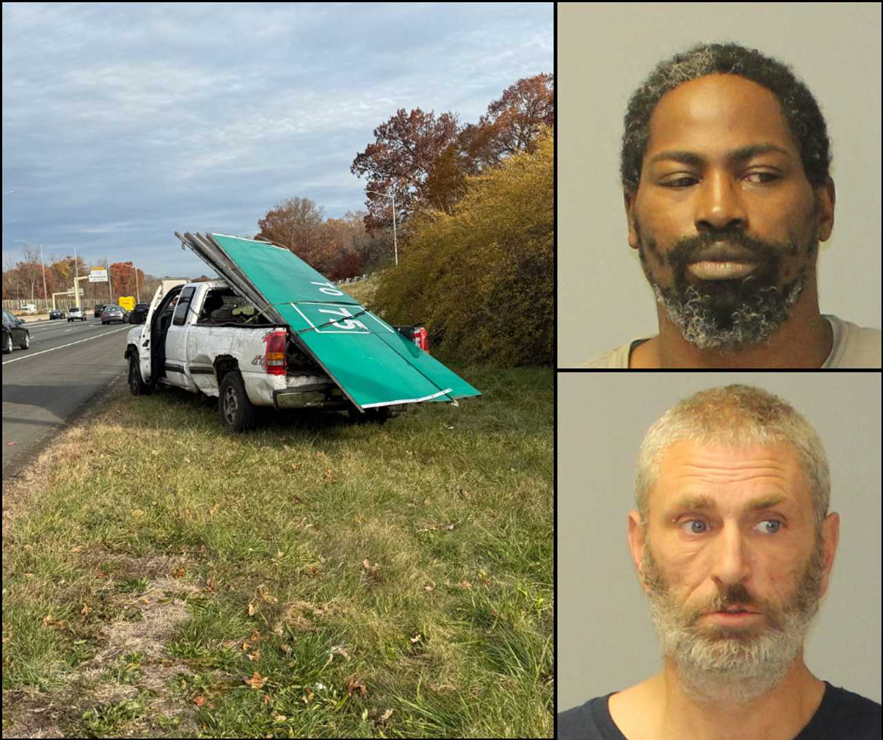 Andrew Lampkin (top right) and Jonathan Riopelle are accused of stealing road signs from I-91. Connecticut Police shared a photo of their truck overloaded with the large green signs. Andrew Lampkin (top right) and Jonathan Riopelle are accused of stealing road signs from I-91. Connecticut Police shared a photo of their truck overloaded with the large green signs.