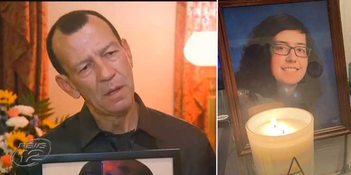 Left: Hector Collazo in an interview with News12 Long Island in November 2017, discussing the suicide of his 17-year-old son Angelo (right).