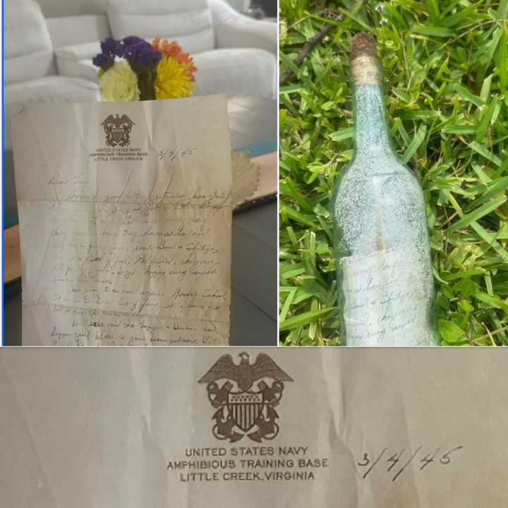 The letter was discovered inside a bottle sealed with a cork. Additionally, there is a closer view of the letterhead showing "United States Navy Amphibious Training Base, Little Creek, Virginia," dated March 3, 1945.