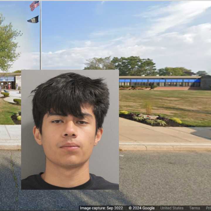 The suspect, Michael Hernandez, age 20, of Bethpage, and (background) East Broadway Elementary School, located at 751 Seamans Neck Road.