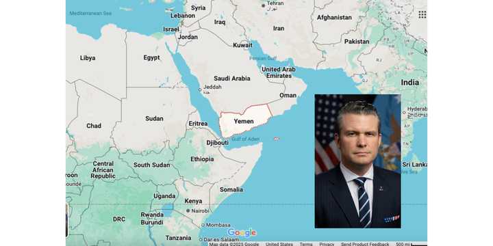 Yemen (outlined in red), Defense Secretary Pete Hegseth.
