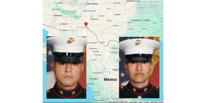 Lance Cpl. Marcelino M. Gamino, left, and&nbsp;Lance Cpl. Albert A. Aguilera. The incident happened in&nbsp;Santa Teresa, New Mexico (marked in red).