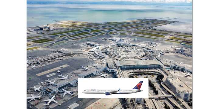 San Francisco International Airport, inset:&nbsp;Delta Boeing 757-300.
