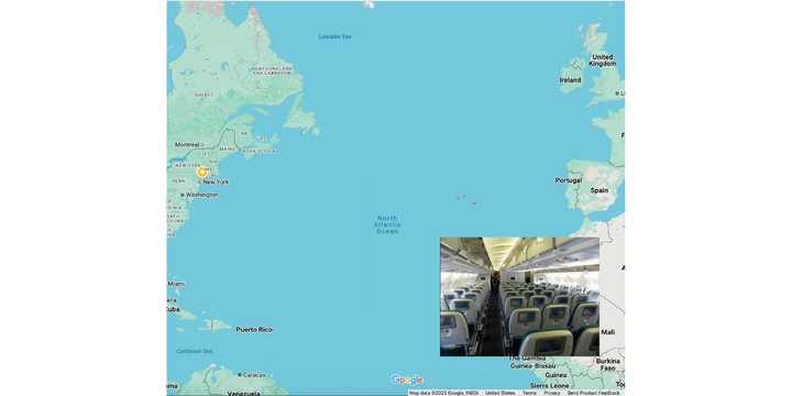 The Azores, a remote island chain off the coast of Portugal (outlined in red); inset: the cabin of an&nbsp;Airbus A330.