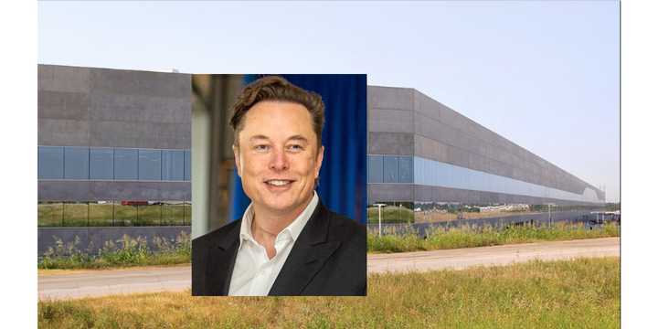 Tesla Gigafactory Texas Building in Austin, Texas; Company founder Elon Musk.