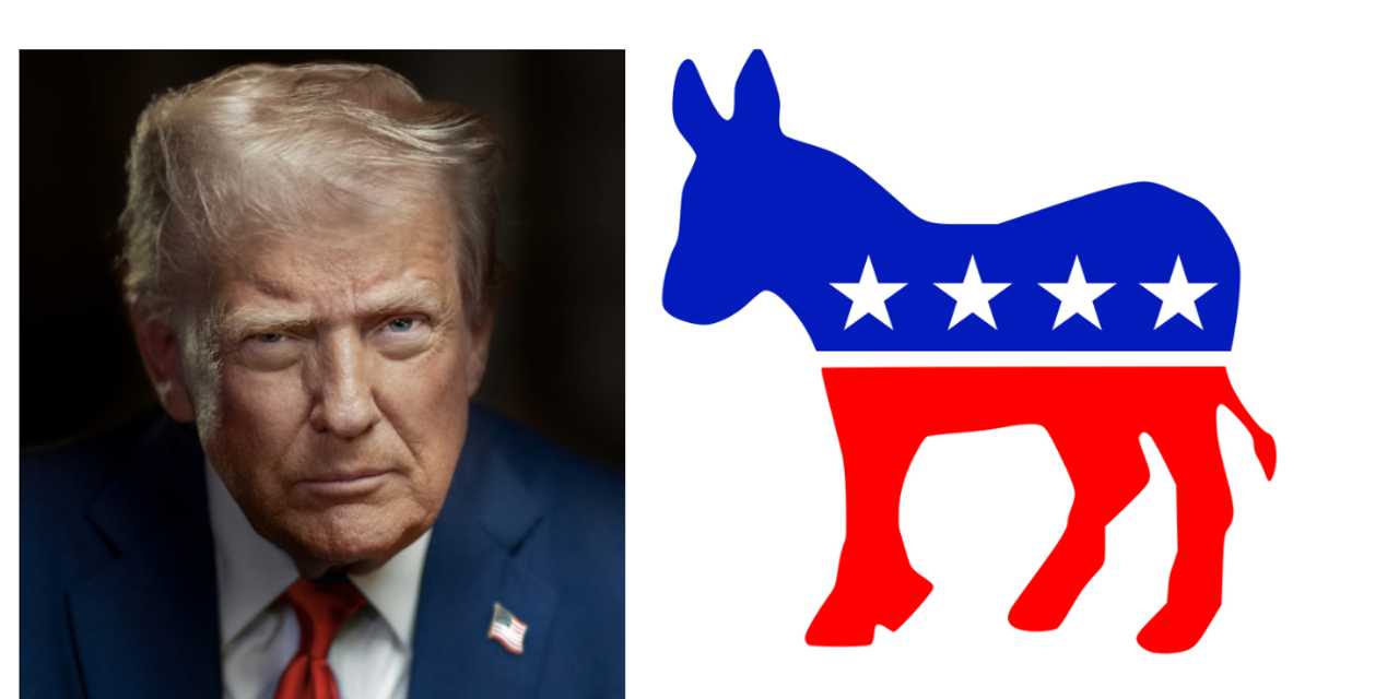 President Donald Trump, Democratic Party logo.