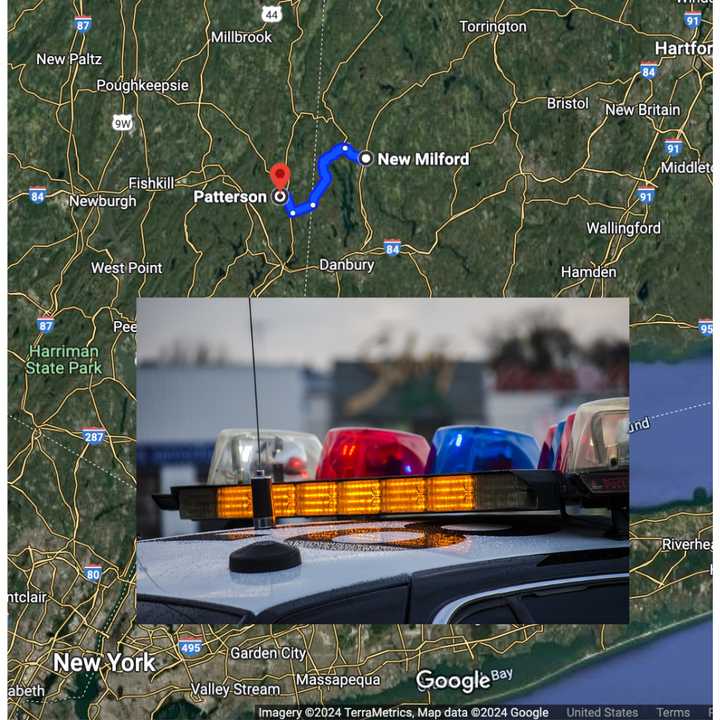 The cross-state chase began in New Milford, in Litchfield County, Connecticut, and ended on I-84 in Patterson, in Putnam County, New York (marked in red).