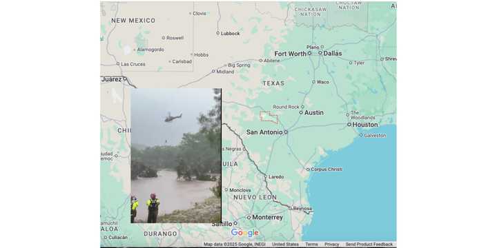 Kerr County, Texas (outlined in red), is located north of San Antonio. Inset: Responders at the scene in an image from Gov. Greg Abbott.