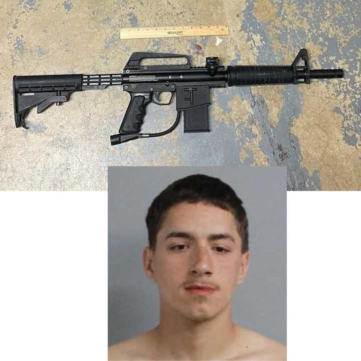 Angelo Raymond Martinez, age 24, and the AR-style paintball gun.