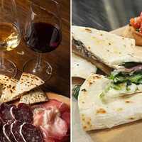 <p>Salumi and wine (left) and&nbsp;Piadina stracchino prosciutto (right).</p>