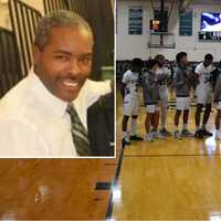 <p>The William Floyd High School boys’ basketball team gathers for the national anthem before their win over Longwood High School to honor late assistant varsity coach Darrell Sumpter (inset) on Tuesday, Dec. 17.</p>