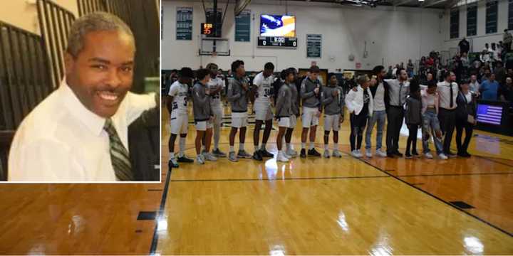 The William Floyd High School boys’ basketball team gathers for the national anthem before their win over Longwood High School to honor late assistant varsity coach Darrell Sumpter (inset) on Tuesday, Dec. 17.