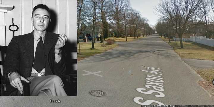 A satirical social media post suggested renaming Bay Shore's South Saxon Avenue after&nbsp;J. Robert Oppenheimer (inset).