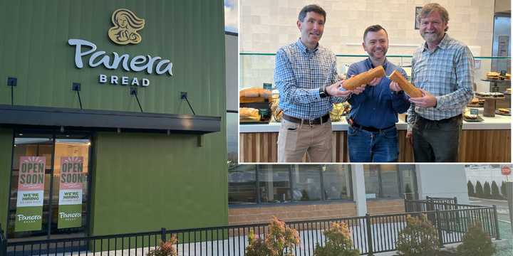 From left: Doherty Enterprises VP Gregory George, general manager Chris Grillo, and Doherty area director Dan O’Brien at the grand opening of the Islandia Panera store on Wednesday, Dec. 11.