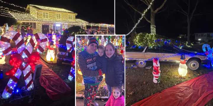 Jason Orsini's "Christmas Vacation"-themed holiday display in Smithtown. Inset:&nbsp;Orsini with his wife Audrey and their children.