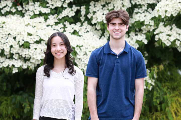 Byram Hills High School's Class of 2024 valedictorian Grace Lin (left) and salutatorian Daniel Ndocaj (right). 