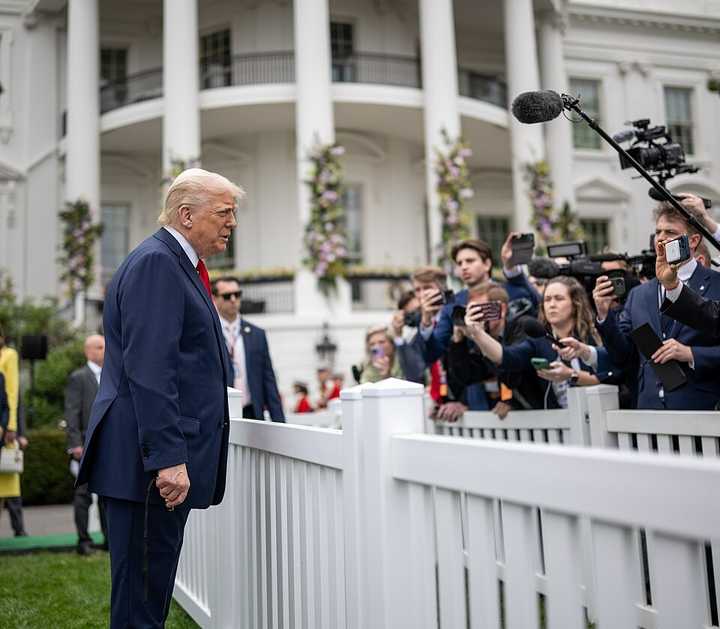President Donald Trump speaks to the media at the annual White House Easter Egg Roll on Monday, April 21.