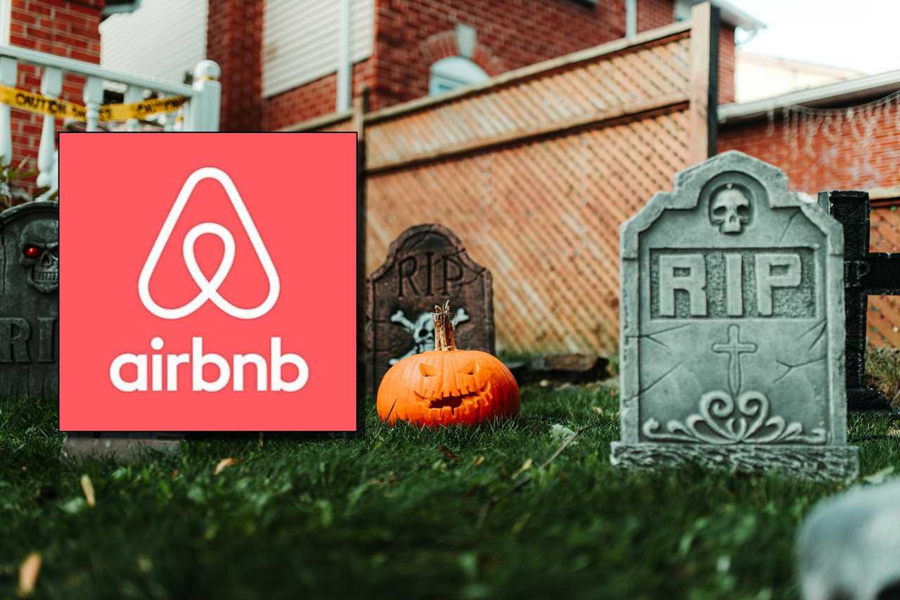 The Airbnb logo and Halloween decorations on a lawn. The Airbnb logo and Halloween decorations on a lawn.
