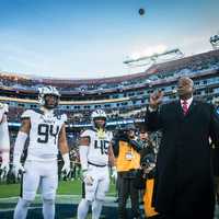 <p>The coin toss before the 125th Army-Navy Game at Northwest Stadium in Landover, MD, on December 14, 2024.</p>