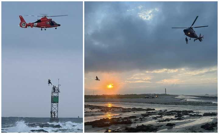 Rescuers responding to two men stuck at a jetty at&nbsp;Barnegat Light State Park, NJ, on August 18, 2024.