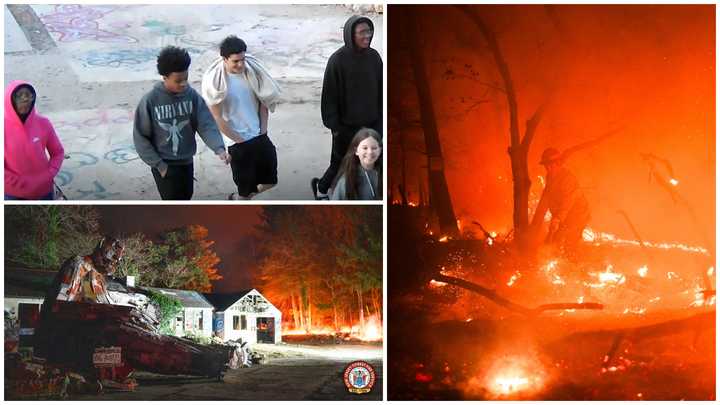 State police released a surveillance photo (top left) of five people wanted in connection with the November 2024 wildfire near the "Big Rusty" sculpture in Hainesport, NJ.