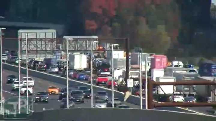 Northbound traffic backed up on the New Jersey Turnpike in Bordentown, NJ, on October 15, 2024.