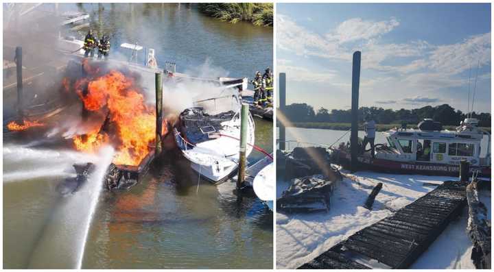 A fire at&nbsp;Brown's Point Marina in Keyport, NJ, on September 9, 2024.