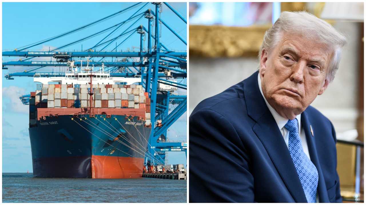 A cargo ship and President Donald Trump. A cargo ship and President Donald Trump.