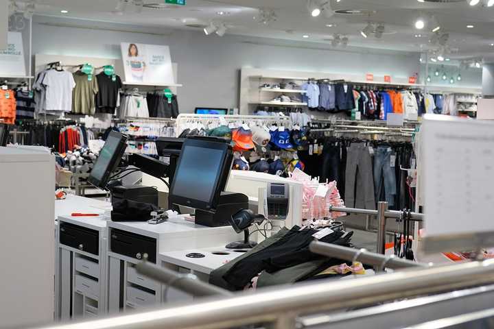 The checkout counter at a clothing store.