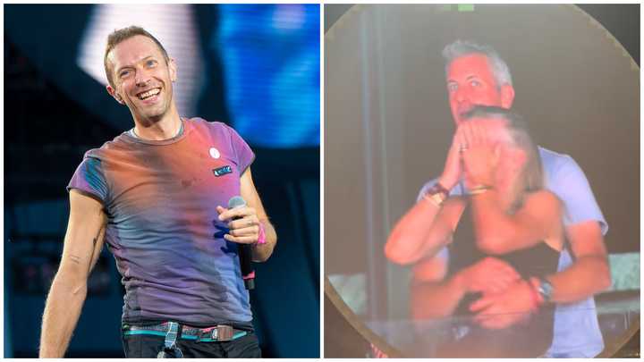 Coldplay singer Chris Martin performing in Manchester, UK, in 2023, and Astronomer CEO Andy Byron and the company's HR chief Kristin Cabot seen at a Coldplay concert at Gillette Stadium in Foxboro, MA, on July 16, 2025.
  
