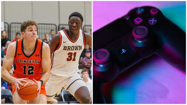 A Princeton Tigers vs. Brown Bears men's college basketball game and a PlayStation controller.