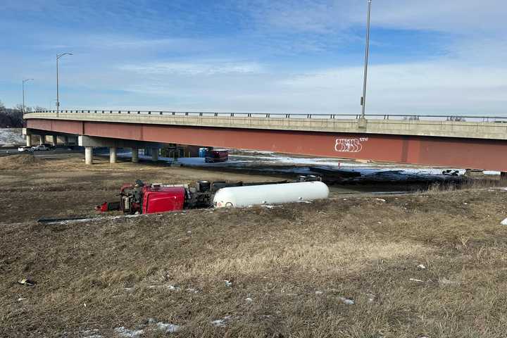 Tanker Truck Overturns On I-295 Curve In Bellmawr