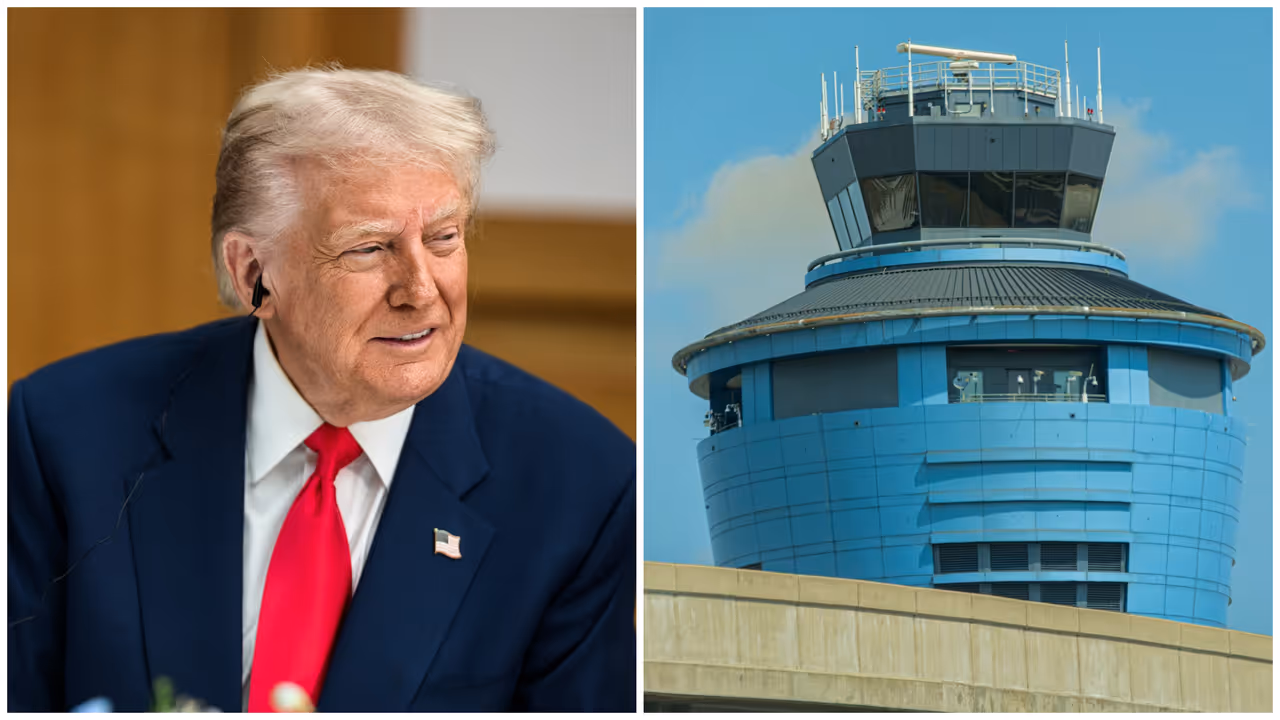President Donald Trump and an air traffic control tower at LaGuardia Airport.